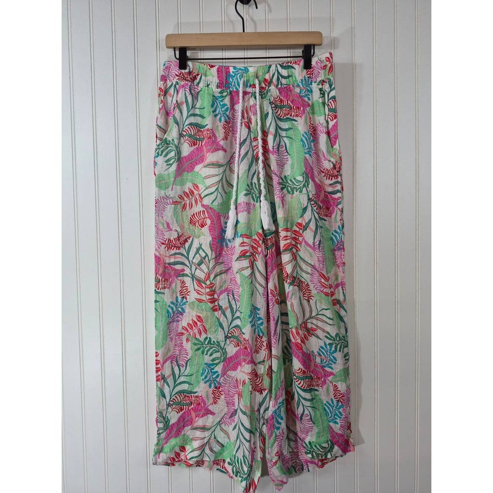 Cynthia Rowley Large Pink Green Tropical Floral 100% Linen Wide Leg Pants 33x26